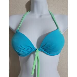 Victoria's Secret Blue Green Pleated Padded Bikini Top 32B Lightweight Neck Tie